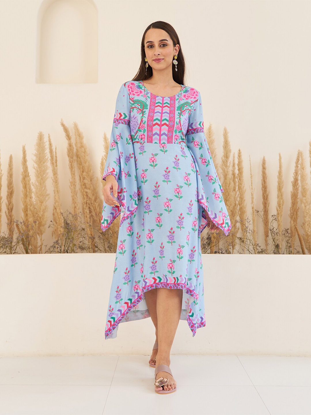 

Rustorange Floral Printed Bell Sleeves A-Line Midi Dress, Blue