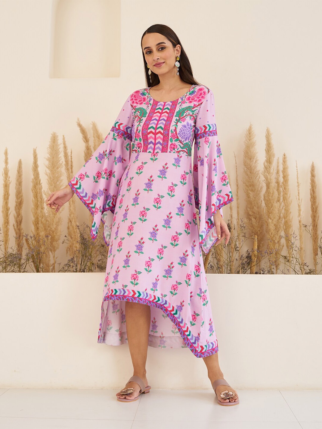 

Rustorange Floral Printed Cotton Flared Sleeve A-Line Midi Dress, Lavender