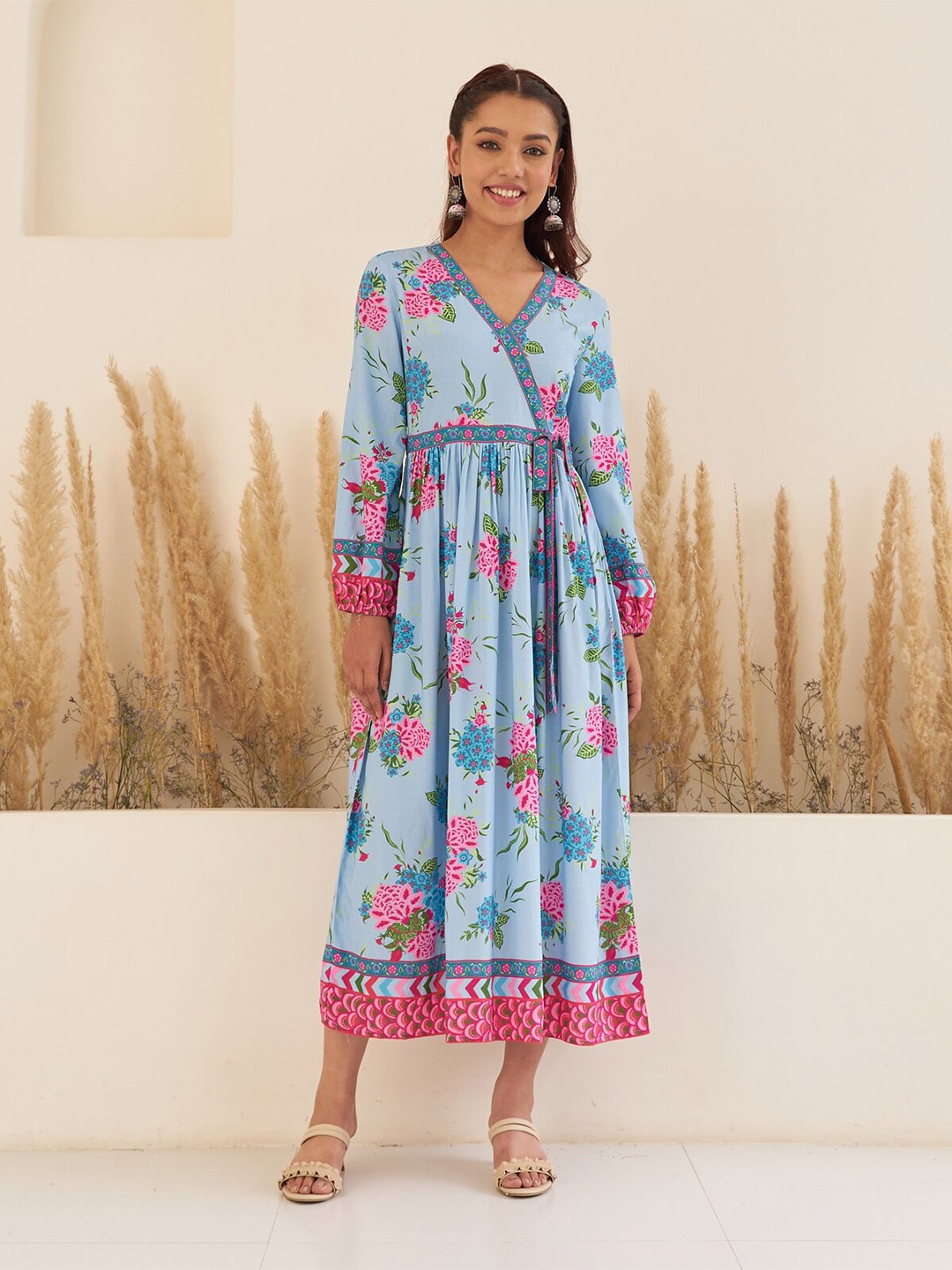 

Rustorange Floral Printed Cotton V-Neck Puff Sleeves Wrap Maxi Dress, Blue
