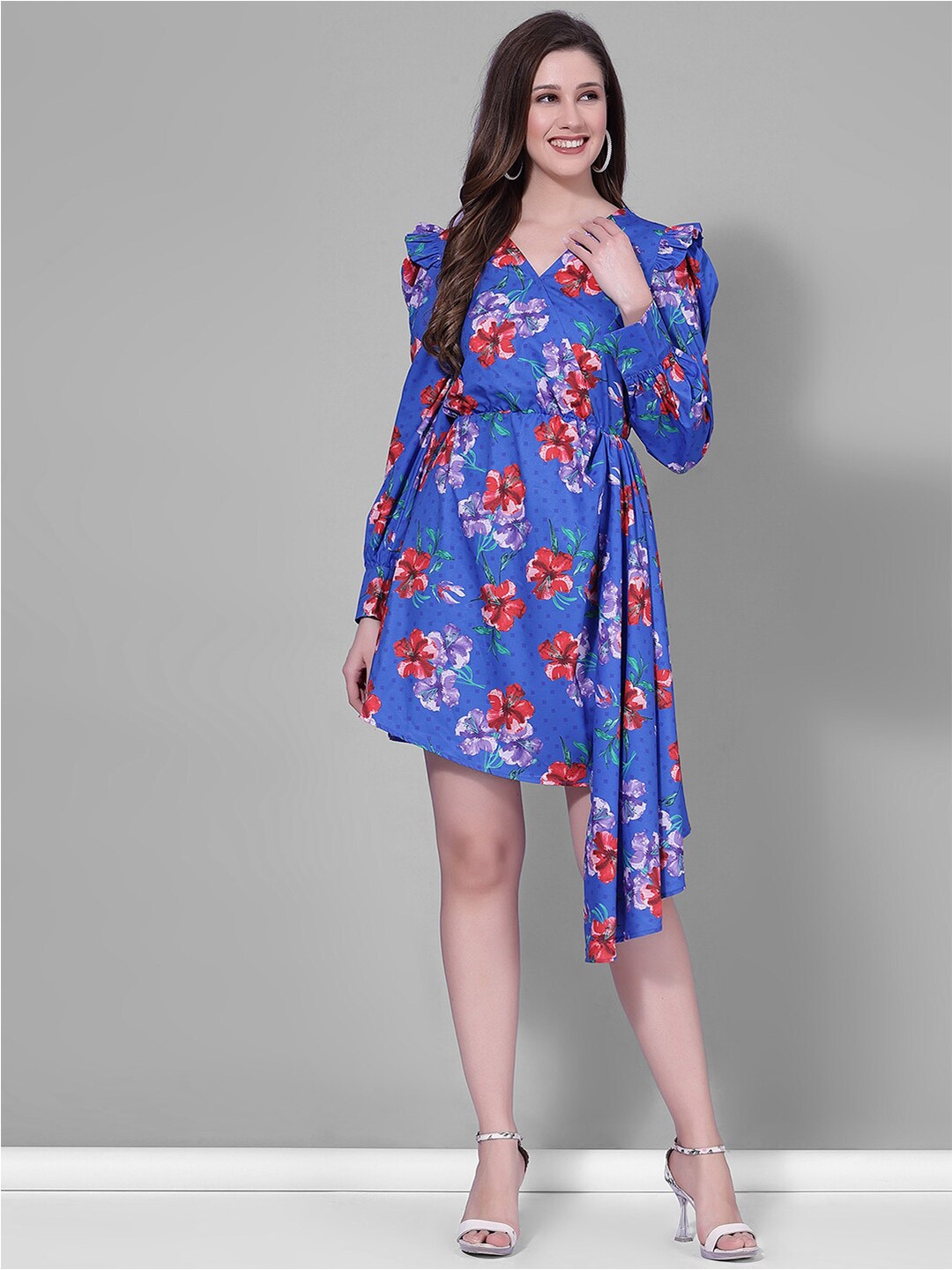 

Selvia Floral Printed V-Neck Puff Sleeve Crepe A-Line Dress, Blue