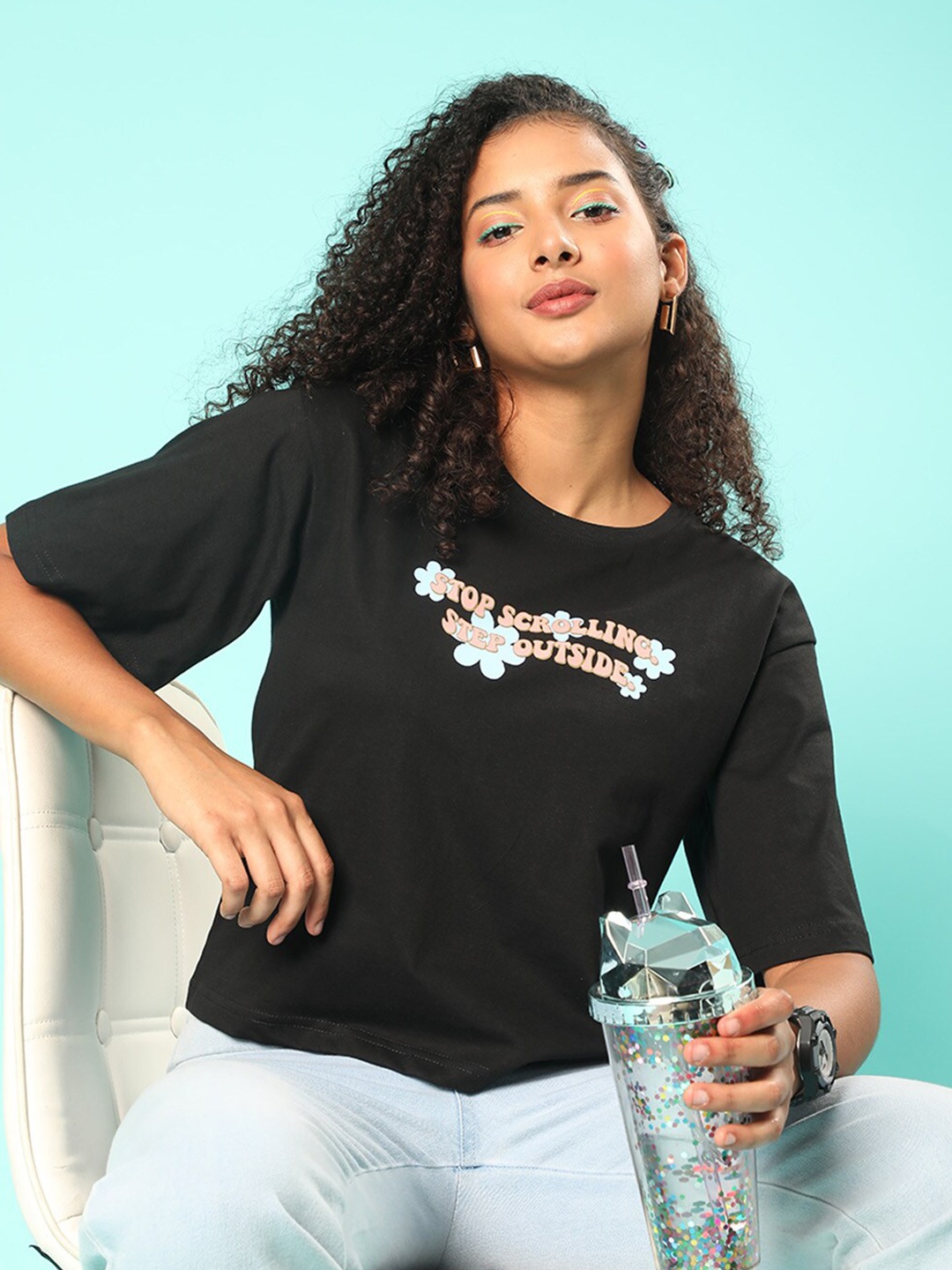 

JUNEBERRY Round Neck Graphic Printed Cropped Cotton T-shirt, Black