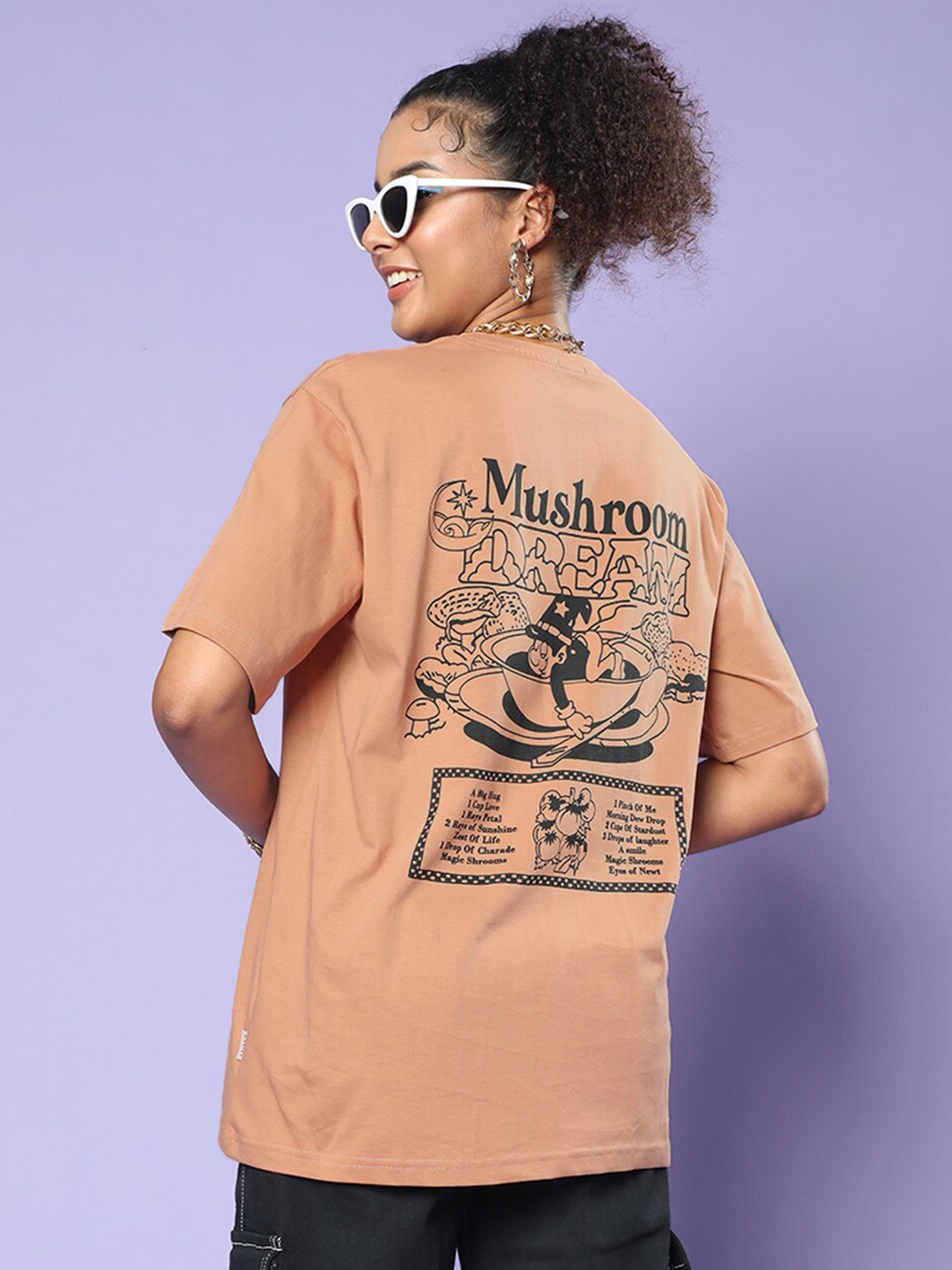 

JUNEBERRY Round Neck Graphic Printed Longline Cotton T-shirt, Brown