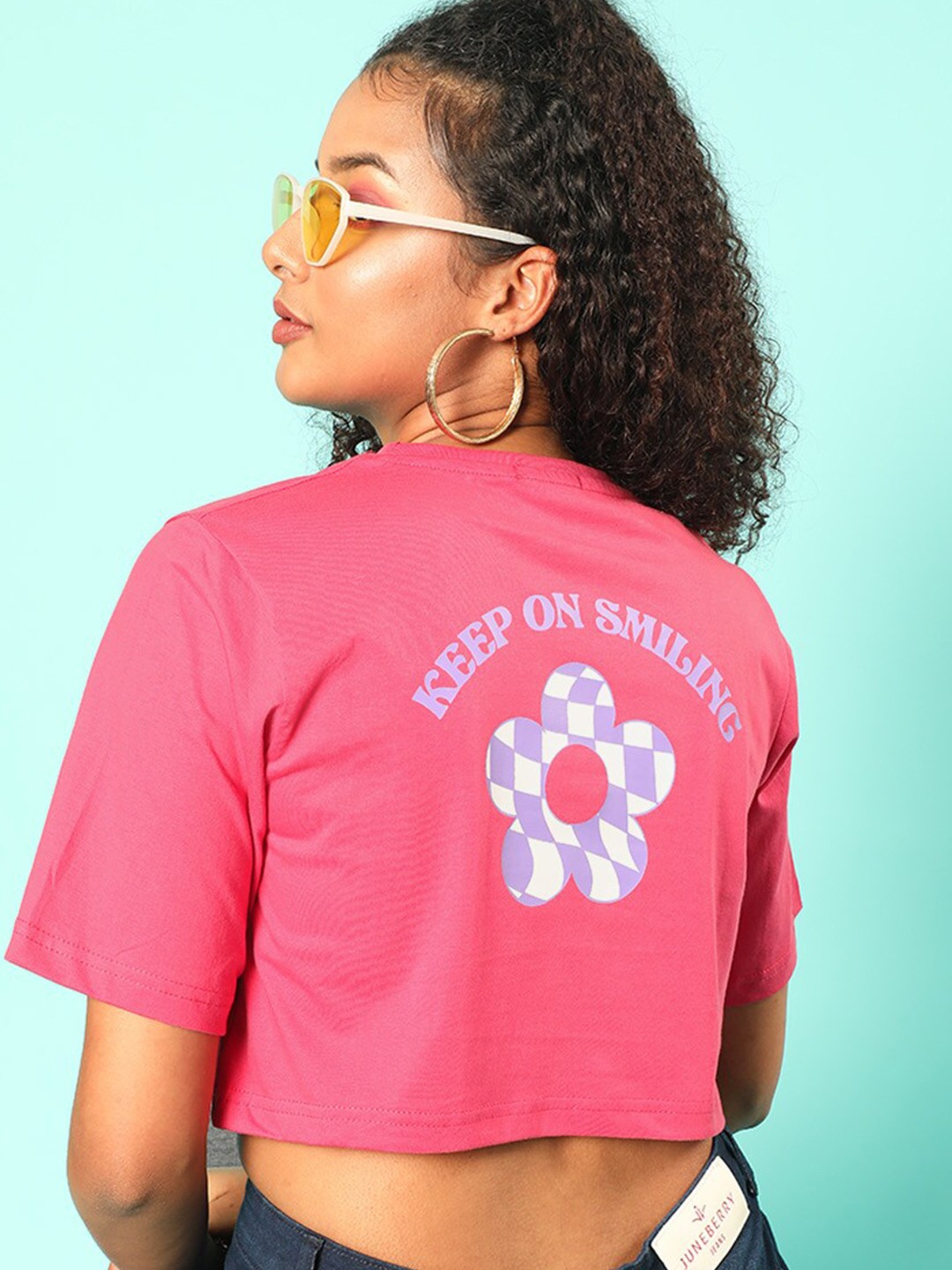 

JUNEBERRY Round Neck Graphic Printed Cropped Cotton T-shirt, Pink