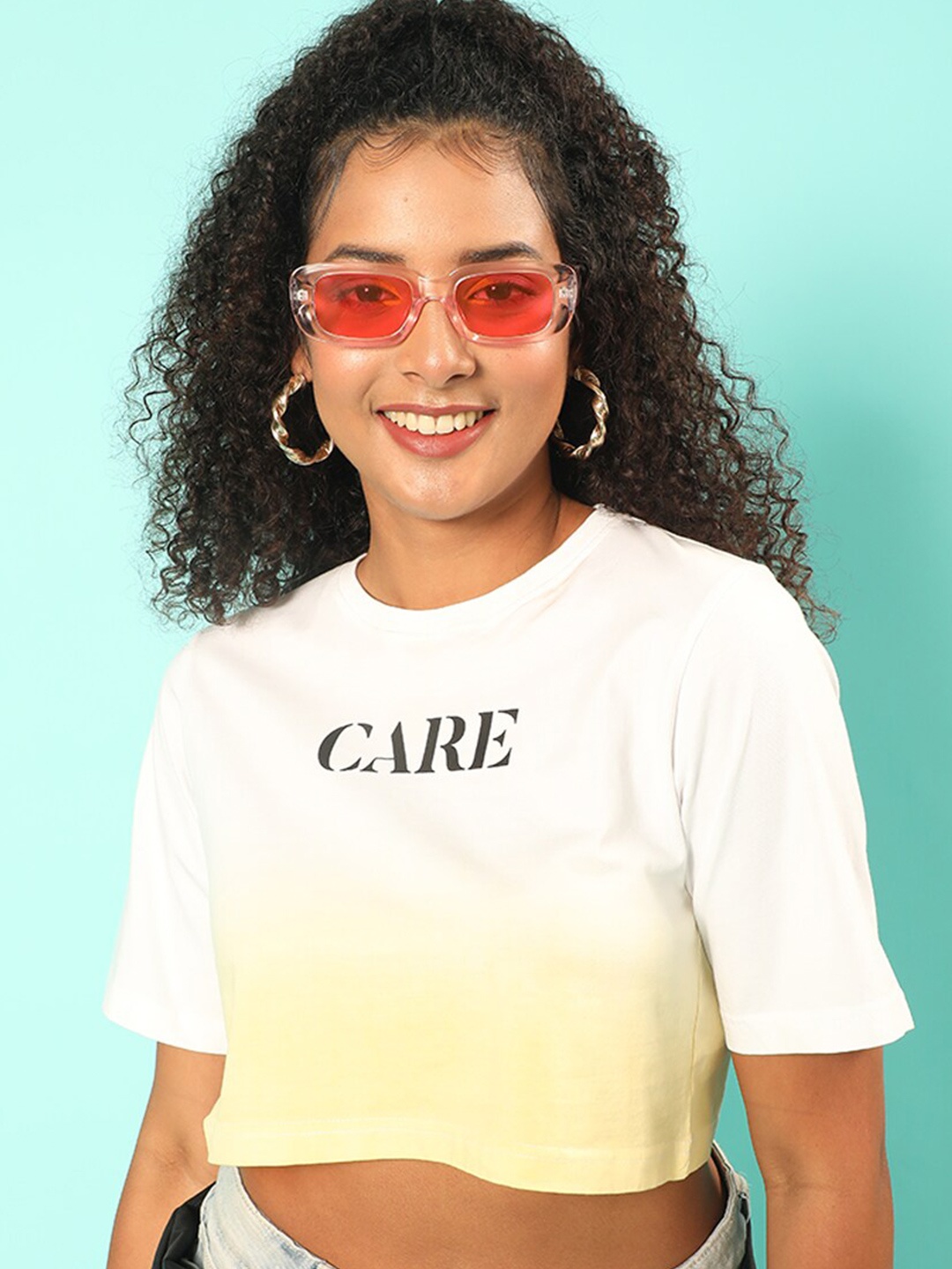 

JUNEBERRY Round Neck Ombre Cropped Cotton T-shirt, White