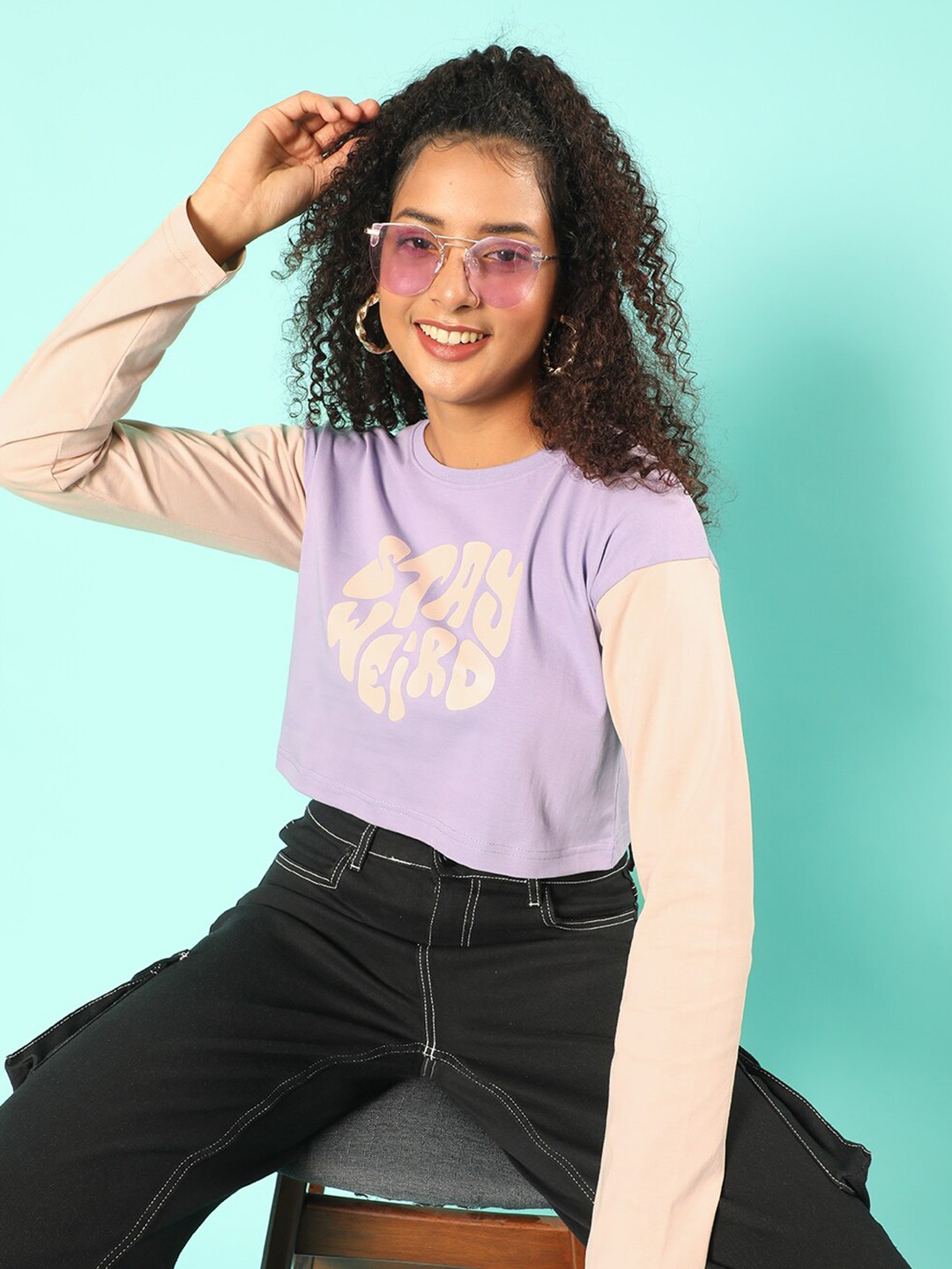 

JUNEBERRY Round Neck Typography Printed Cropped Cotton T-shirt, Lavender
