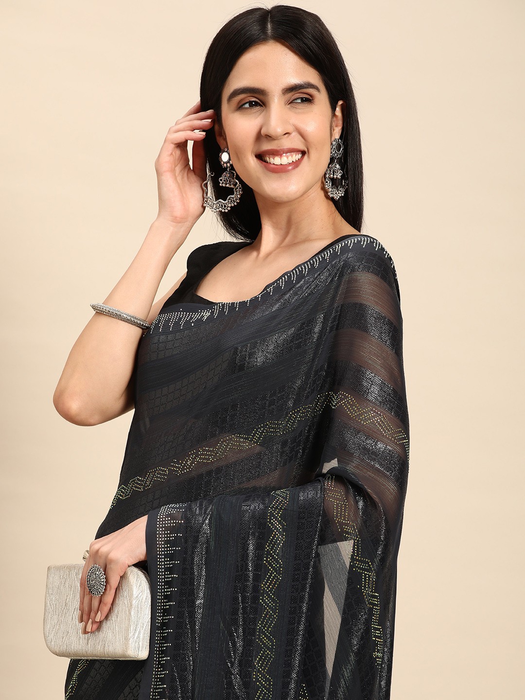 

Pothys Grey Striped Pure Georgette Saree