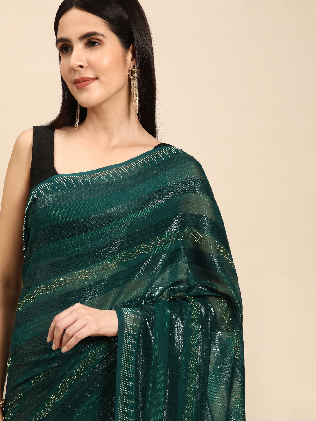 

Pothys Green Striped Pure Georgette Saree