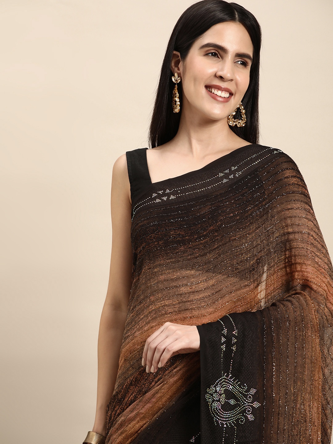 

Pothys Black & Brown Striped Pure Georgette Saree