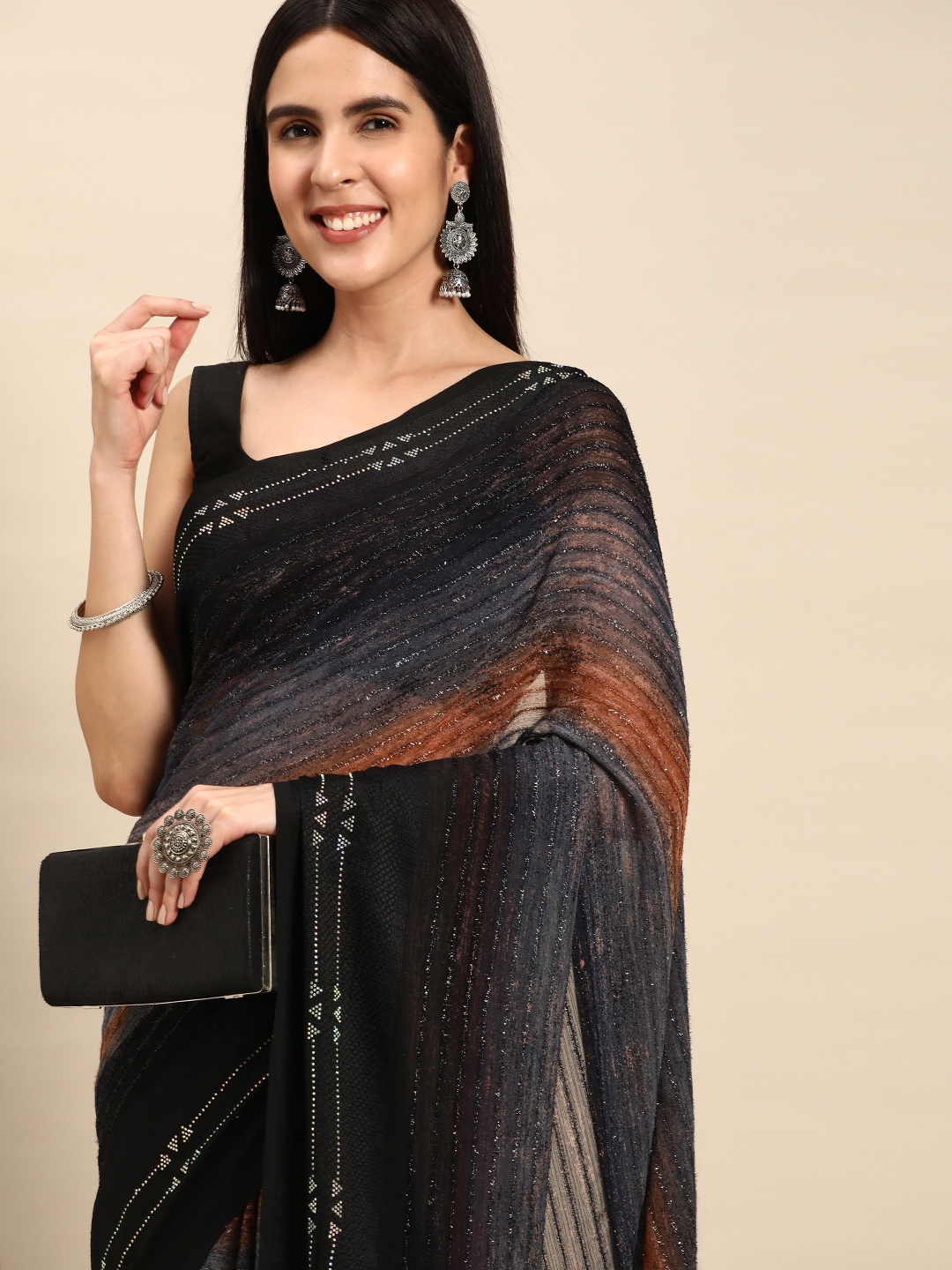 

Pothys Black & Bronze-Toned Pure Georgette Saree