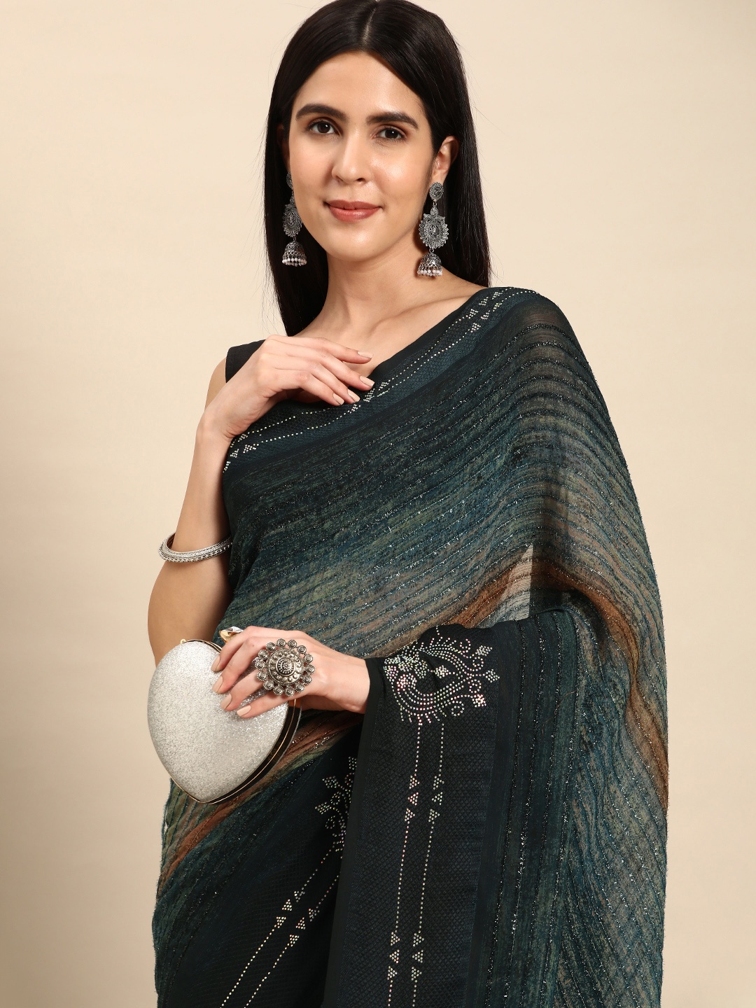 

Pothys Black & Brown Striped Pure Georgette Saree