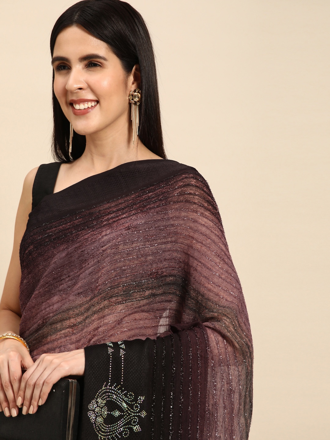 

Pothys Black & Red Striped Pure Georgette Saree