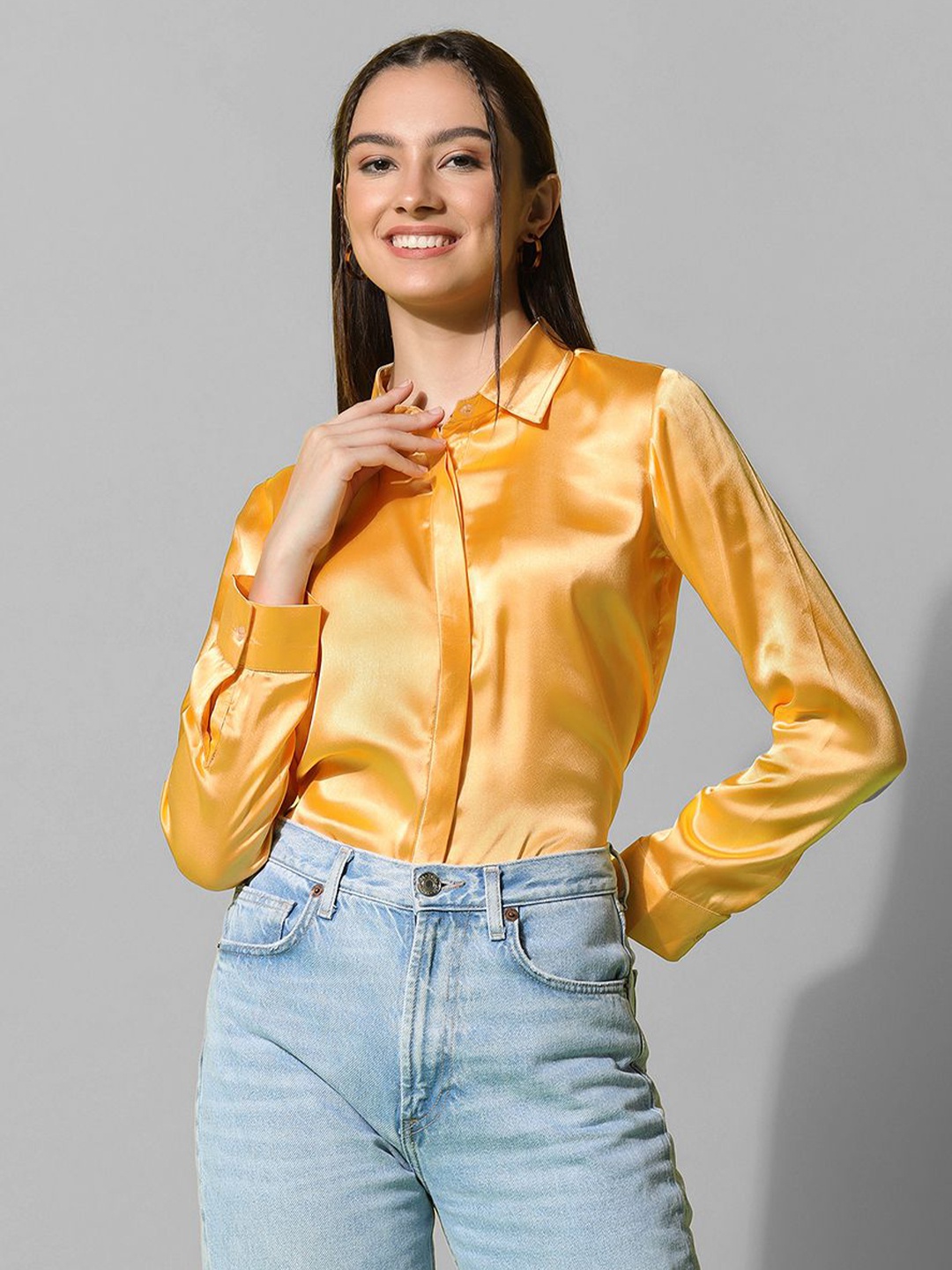 

Selvia Spread Collar Satin Casual Shirt, Yellow
