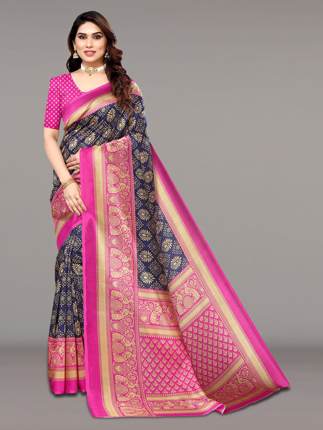 

KALINI Ethnic Motifs Printed Saree, Navy blue