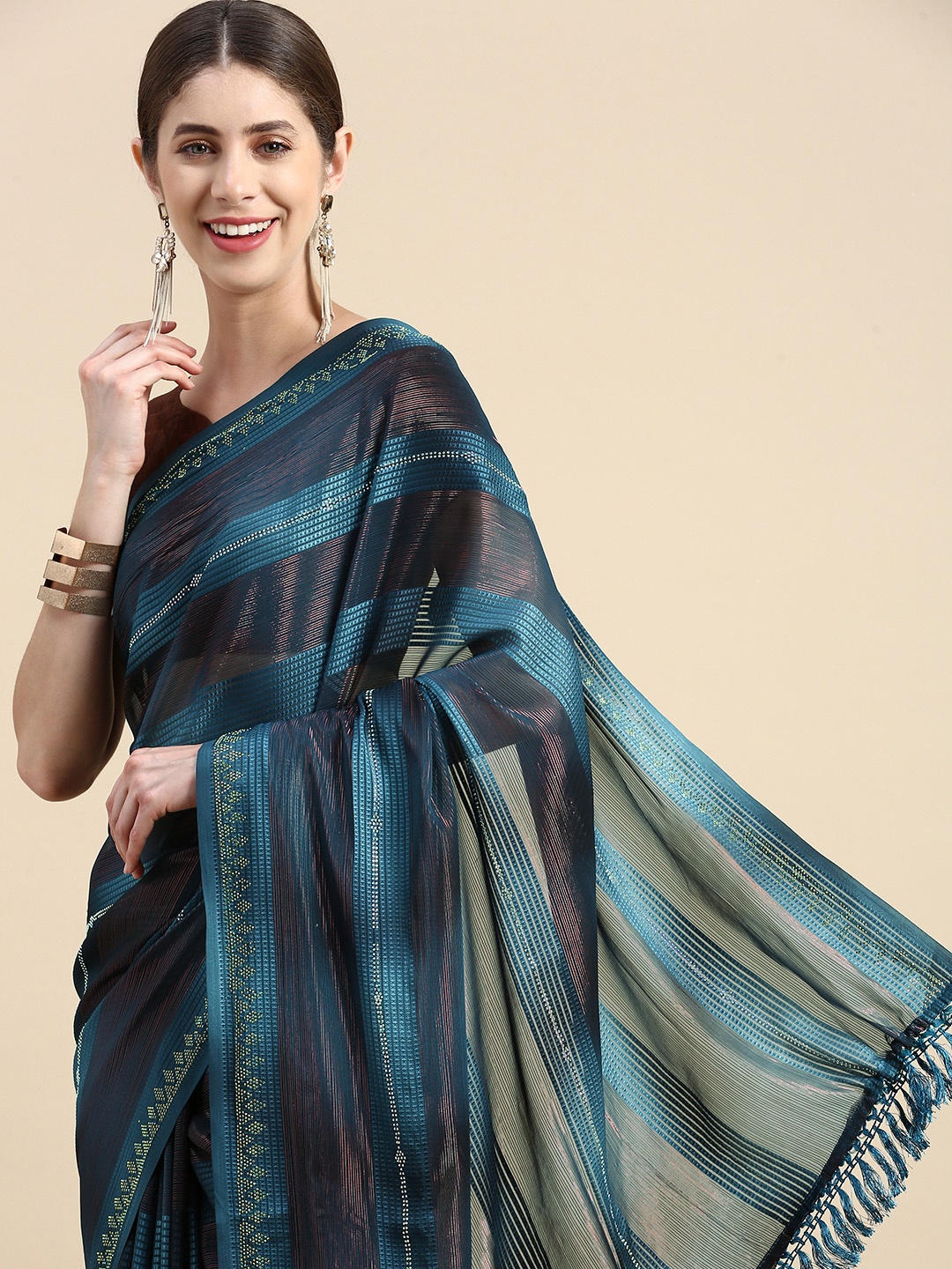

Pothys Blue Striped Pure Georgette Saree