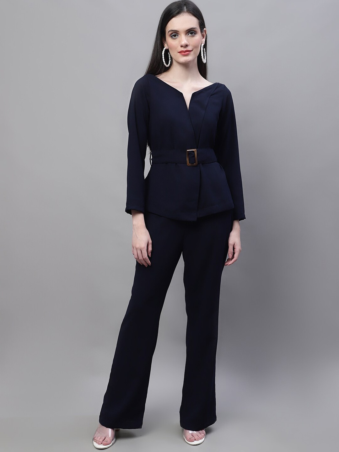 

MARC LOUIS V Neck Belted Top With Trousers, Blue