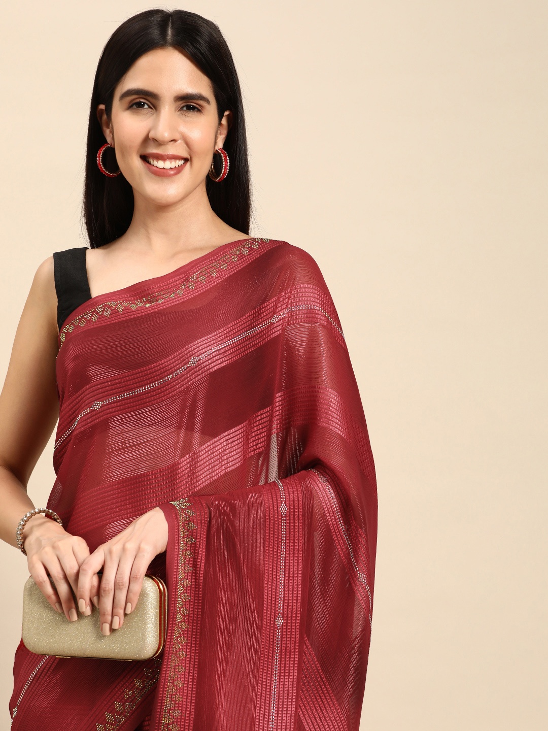 

Pothys Red Striped Pure Georgette Saree