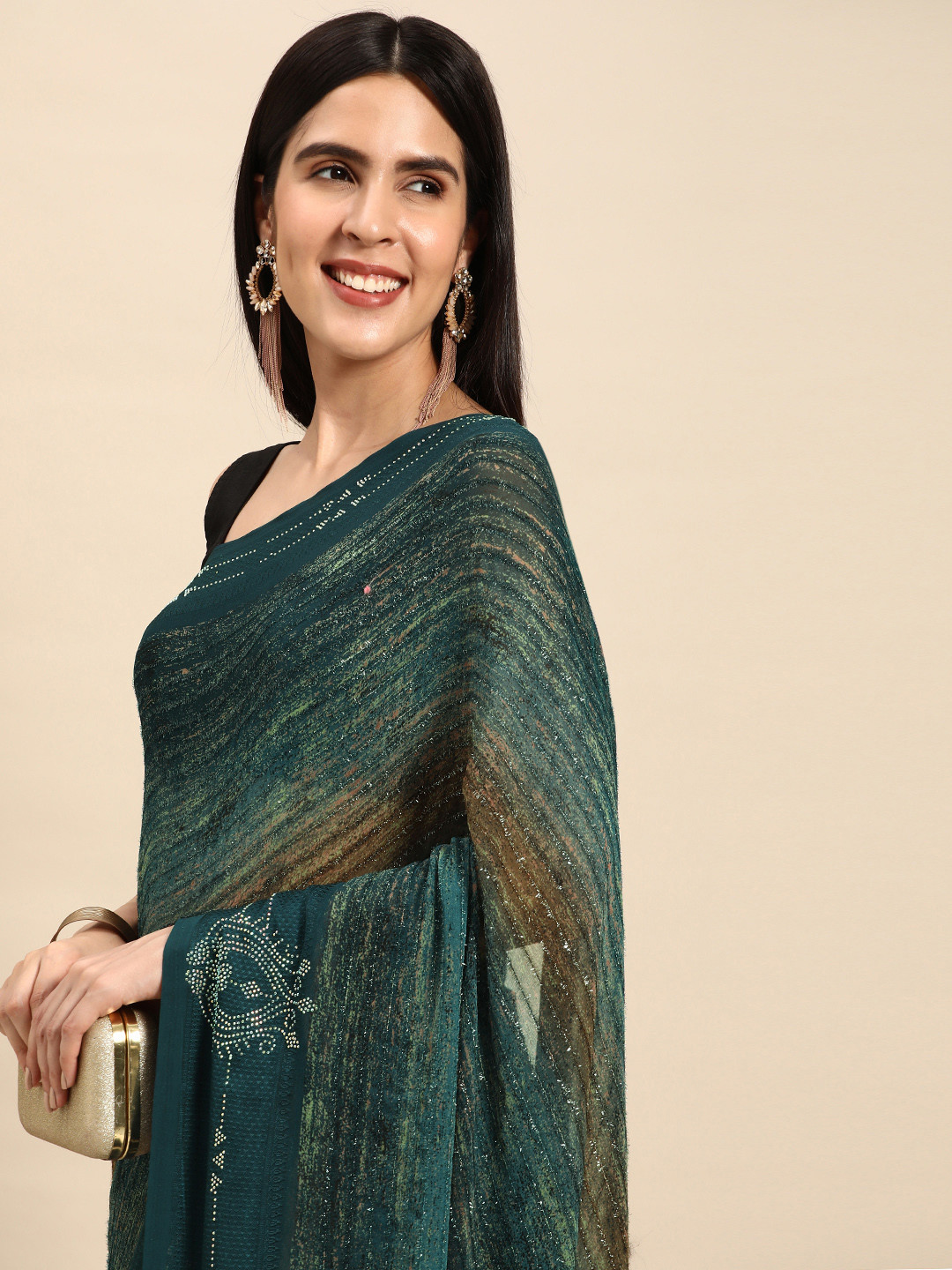 

Pothys Black & Green Striped Pure Georgette Saree