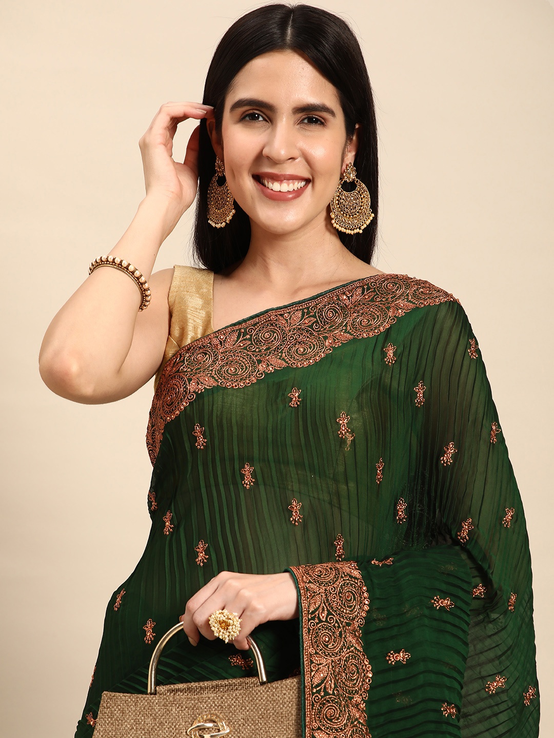 

Pothys Green & Bronze-Toned Floral Pure Georgette Saree