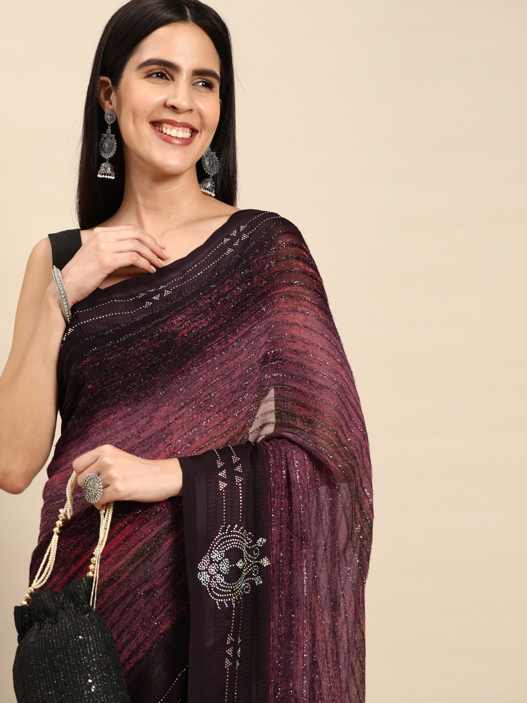 

Pothys Black & Peach-Coloured Striped Pure Georgette Saree