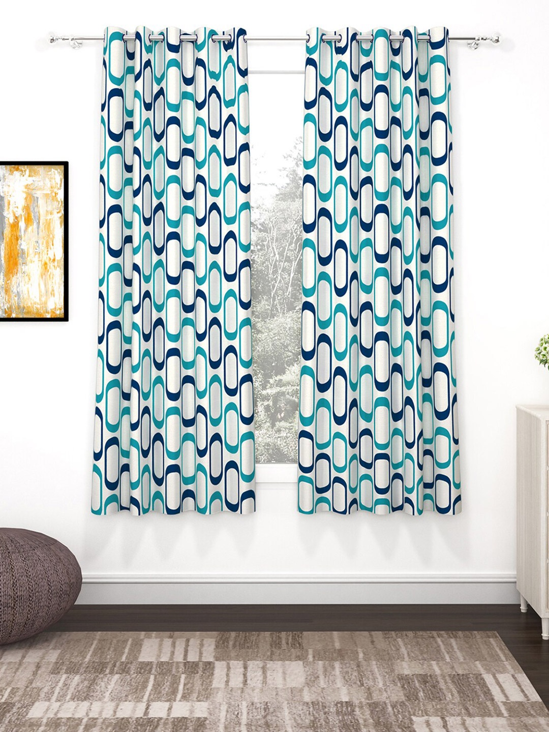 

Story@home Nature White & Blue 2 Pieces Geometric Printed Window Curtains