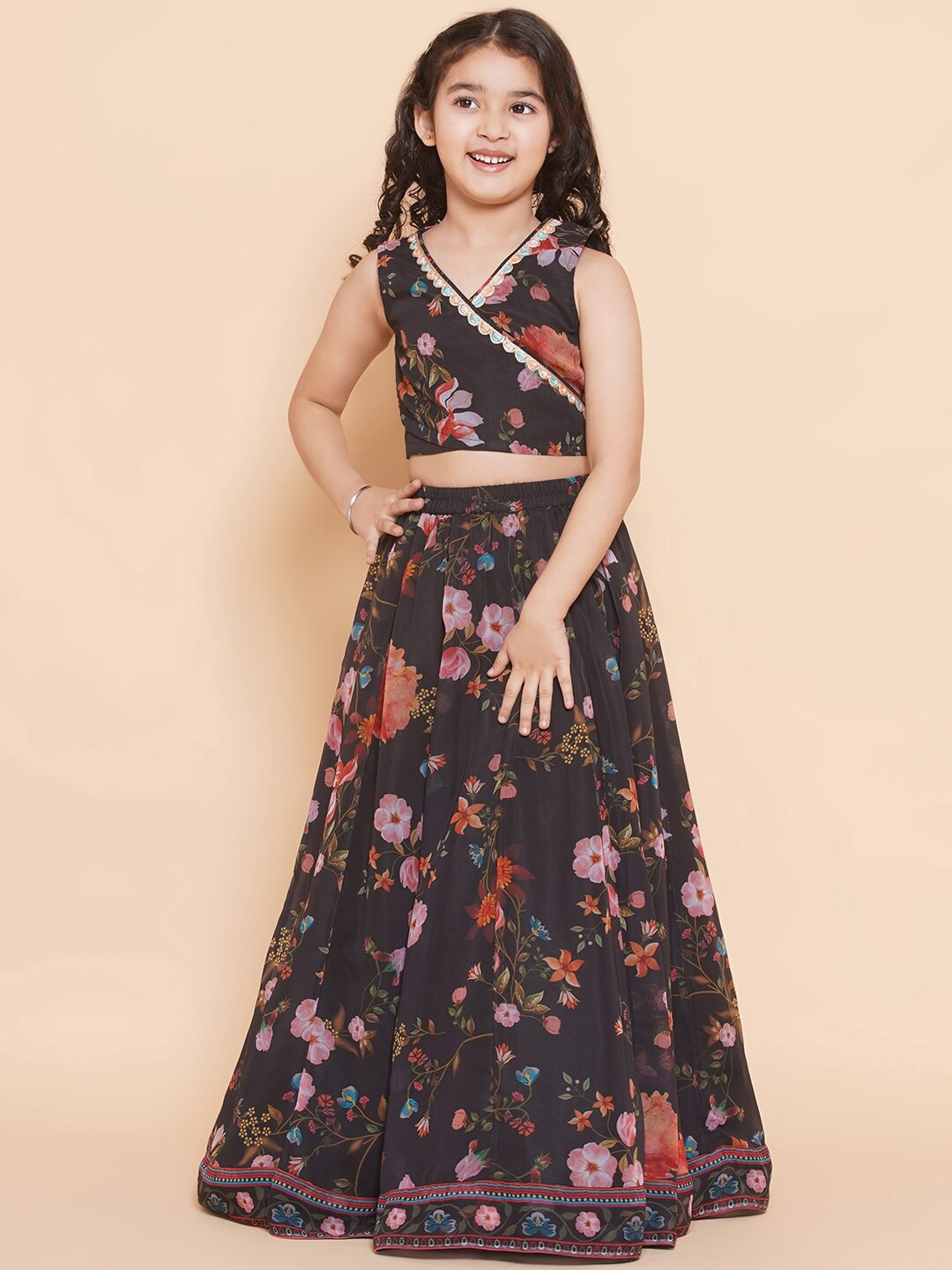 Bitiya by Bhama Girls Printed Ready to Wear Lehenga Set, Charcoal