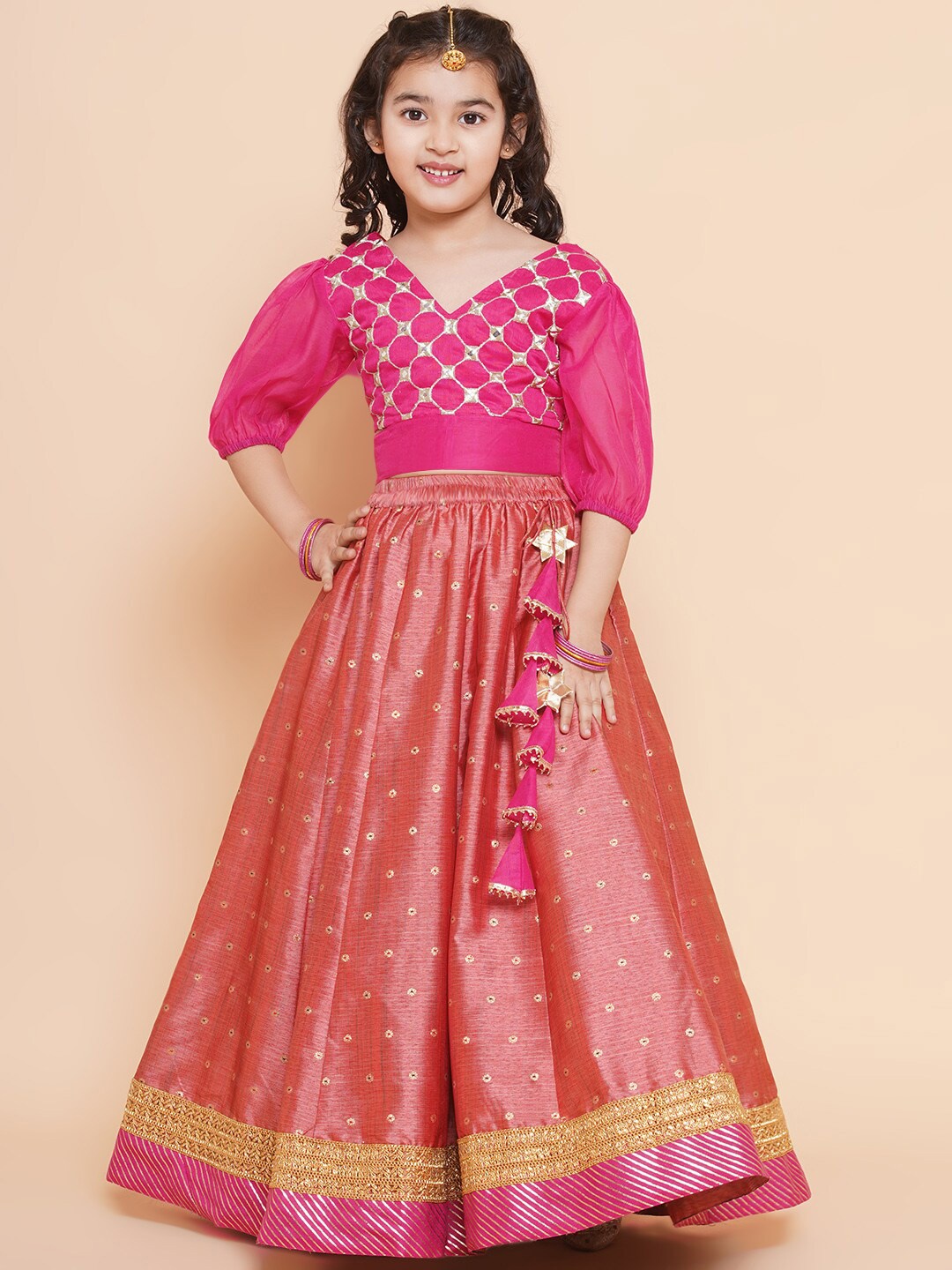 

Bitiya by Bhama Girls Embroidered Mirror Work Ready to Wear Lehenga Set, Pink