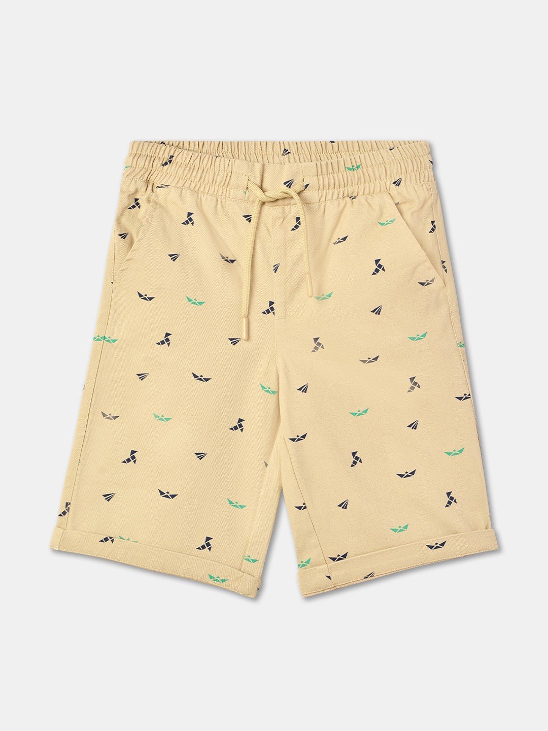 

R&B Boys Conversational Printed Mid-Rise Above Knee Length Cotton Shorts, Beige