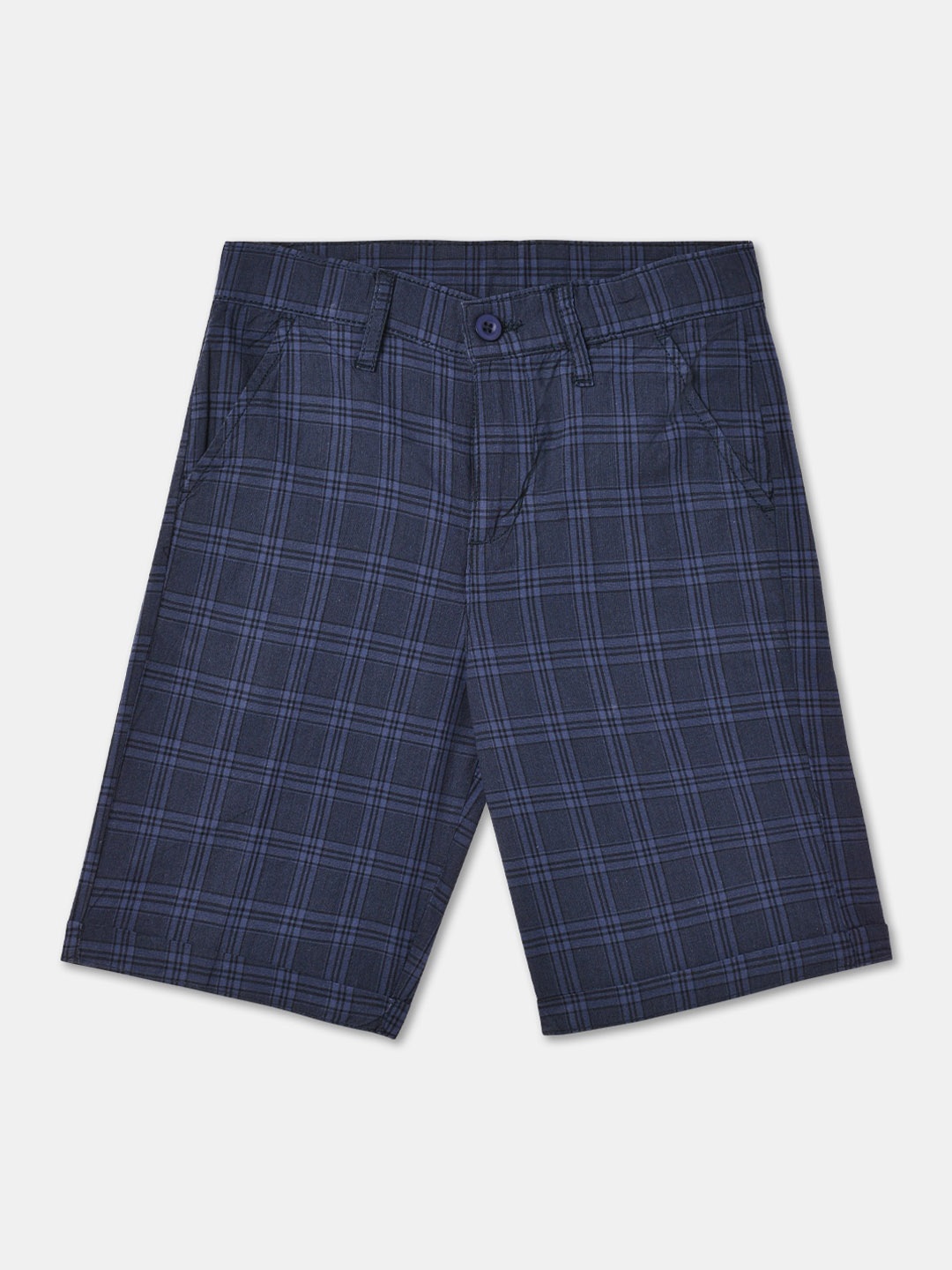 

R&B Boys Checked Mid-Rise Above Knee Length Woven Cotton Shorts, Navy blue
