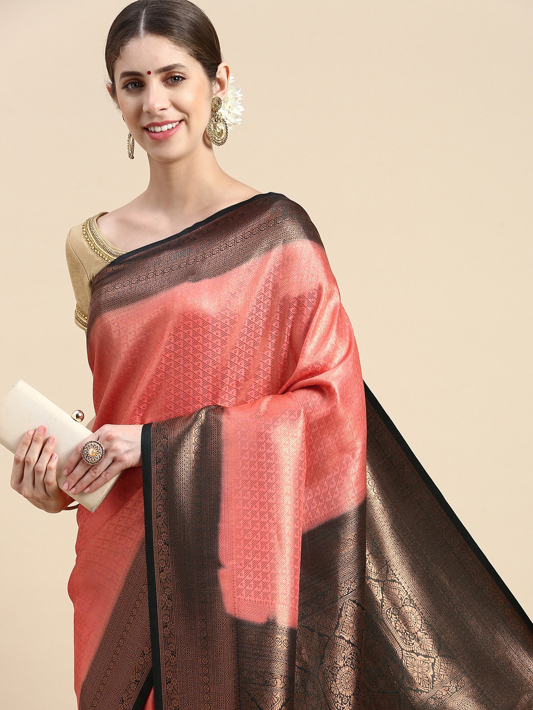 

Pothys Pink & Brown Woven Design Art Silk Banarasi Saree