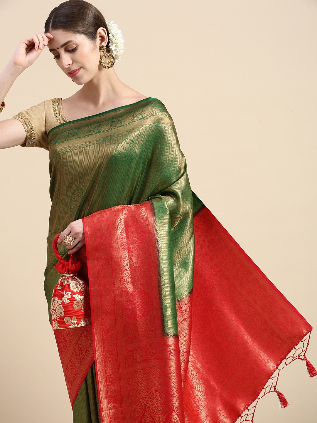 

Pothys Green Woven Design Art Silk Banarasi Saree