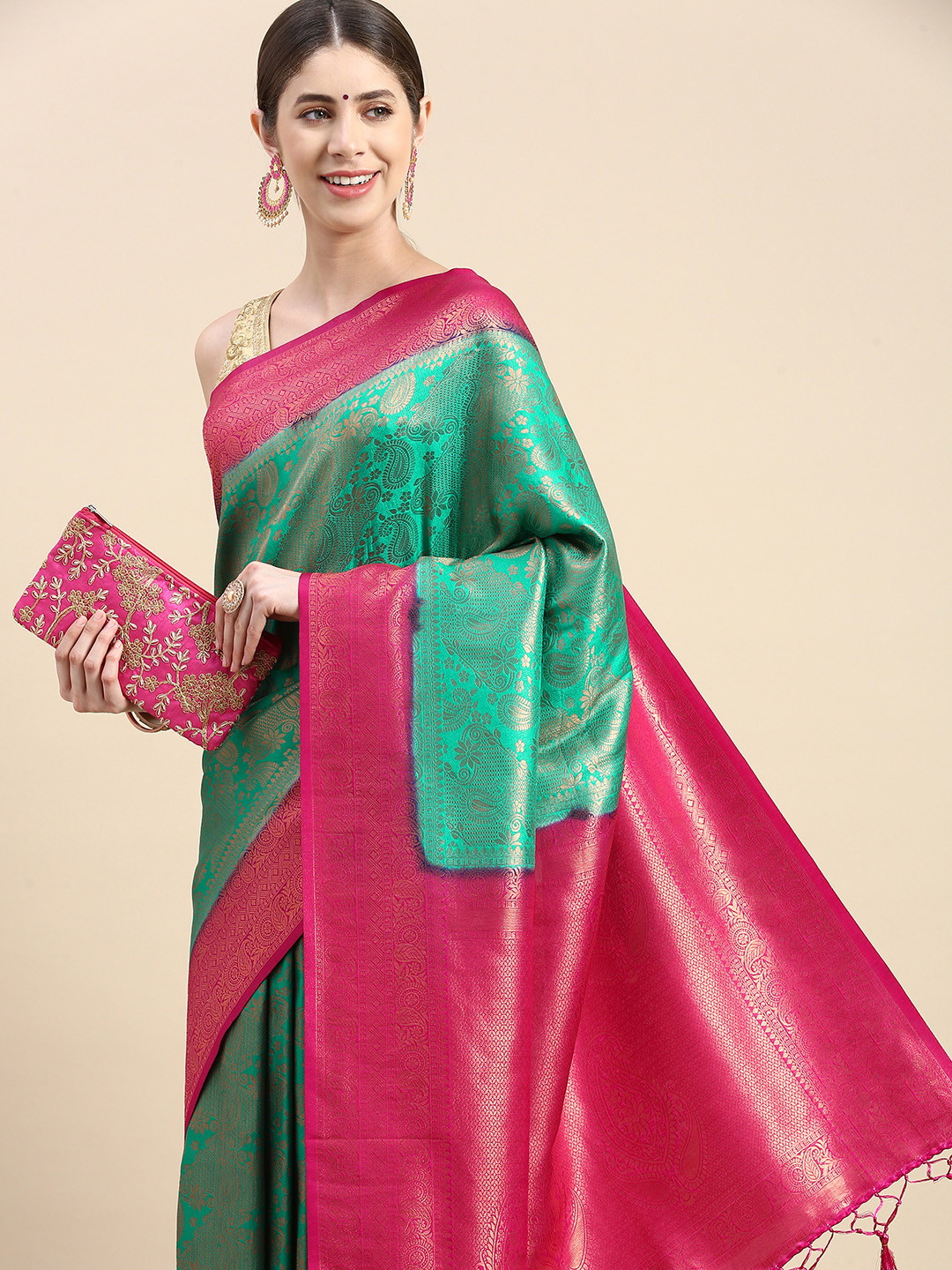 

Pothys Green & Red Woven Design Art Silk Banarasi Saree