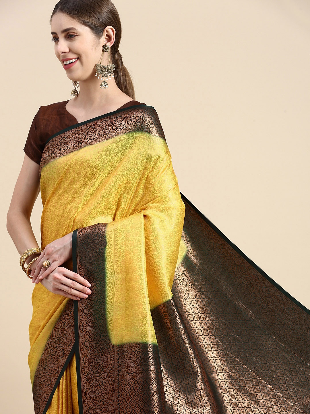 

Pothys Yellow & Brown Woven Design Art Silk Banarasi Saree