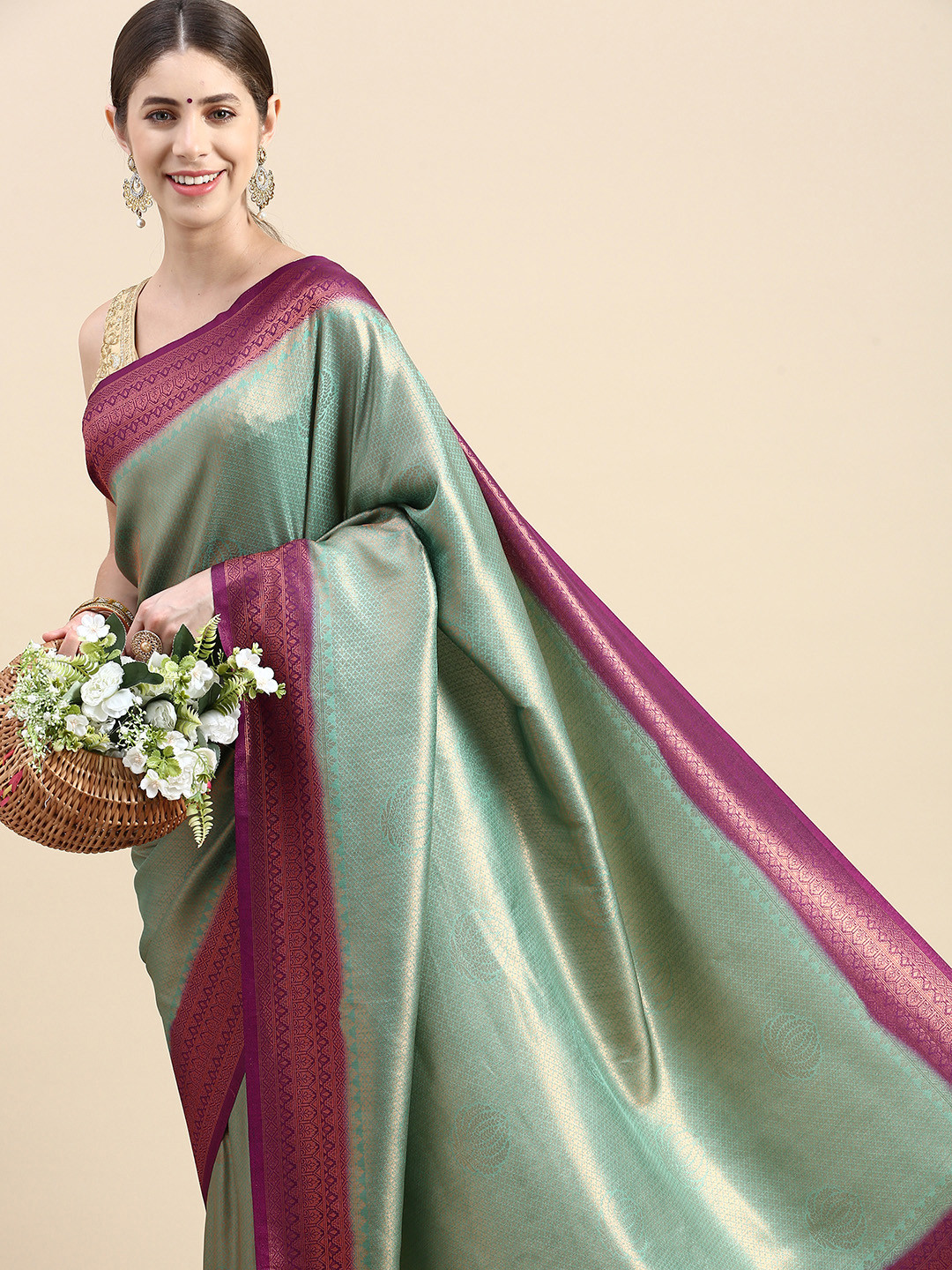 

Pothys Green & Red Woven Design Art Silk Banarasi Saree
