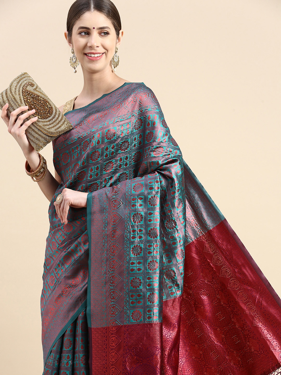 

Pothys Blue & Red Woven Design Jute Silk Saree