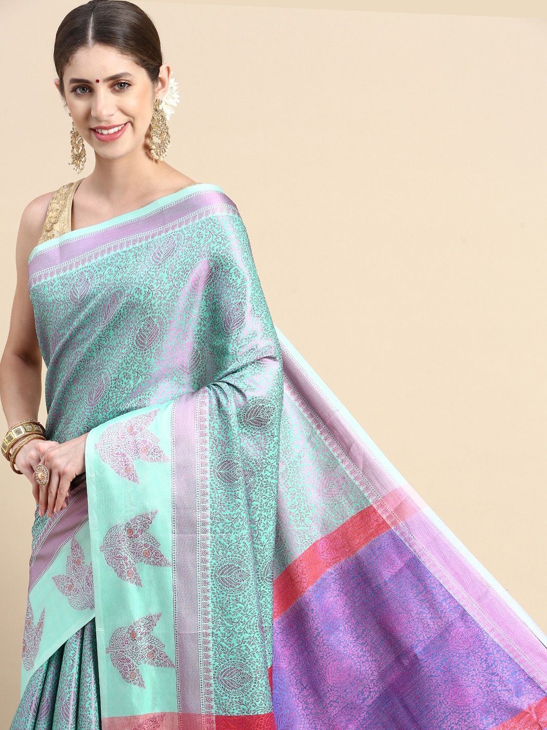

Pothys Green & Purple Woven Design Art Silk Banarasi Saree