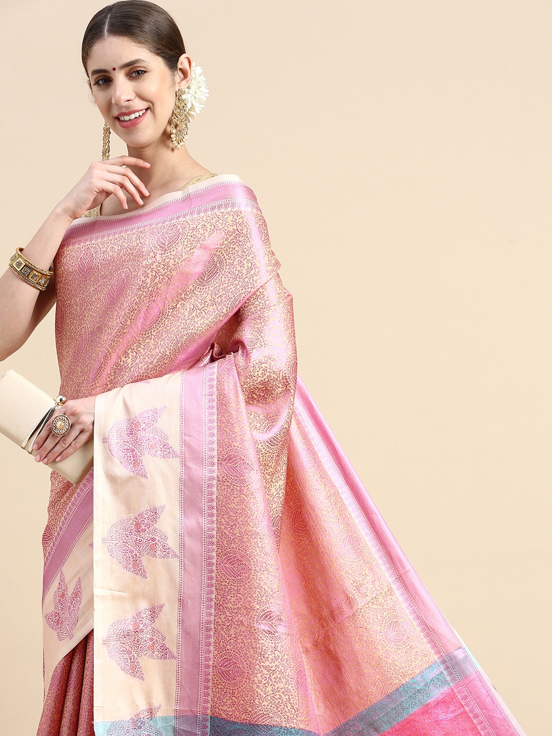 

Pothys Cream-Coloured & Pink Woven Design Art Silk Banarasi Saree