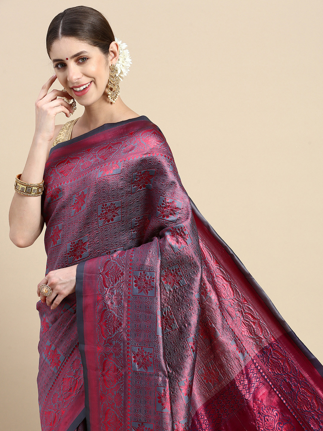 

Pothys Grey & Purple Woven Design Jute Silk Saree