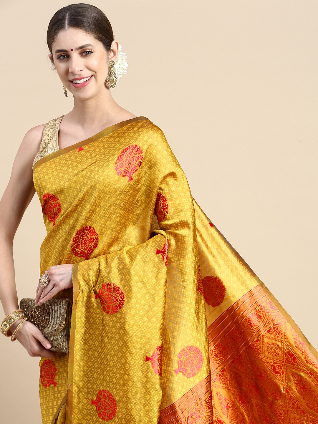 

Pothys Mustard Woven Design Jute Silk Saree