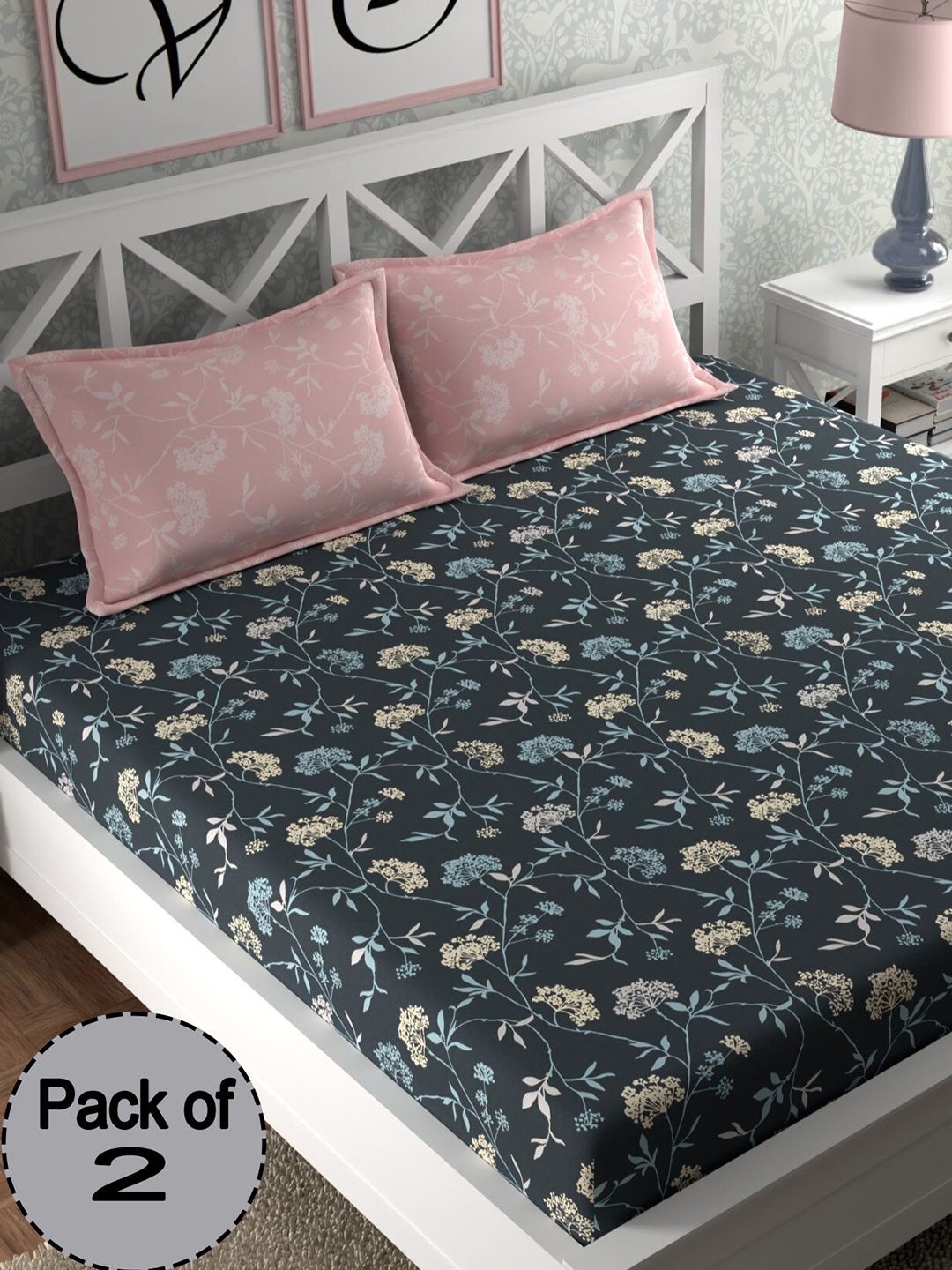 

CHHAVI INDIA Grey & Blue Ethnic Motifs 210 TC 2 Queen Bedsheet With 4 Pillow Covers