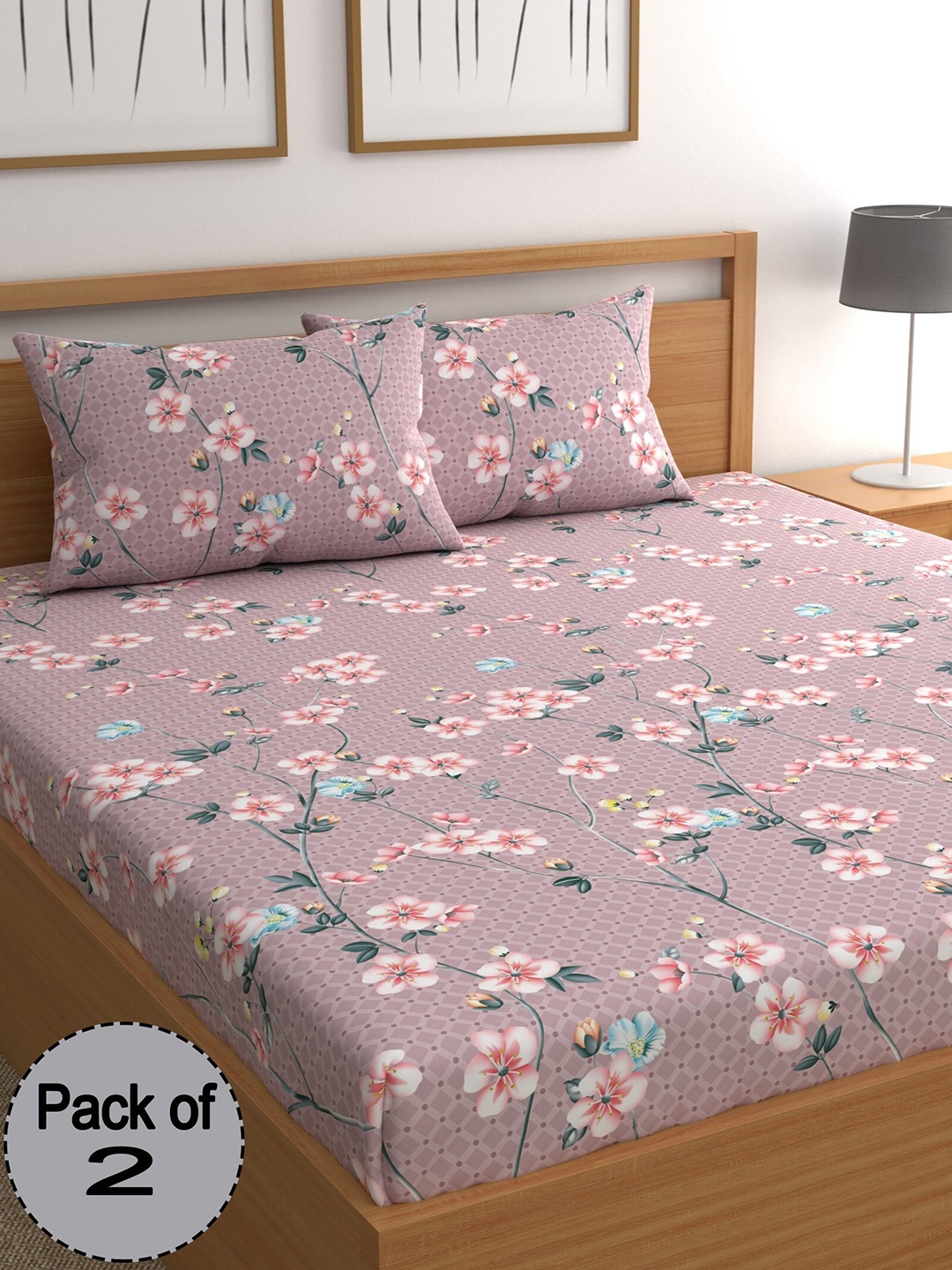 

CHHAVI INDIA Peach & Blue Floral 210 TC 2 Queen Bedsheet With 4 Pillow Covers