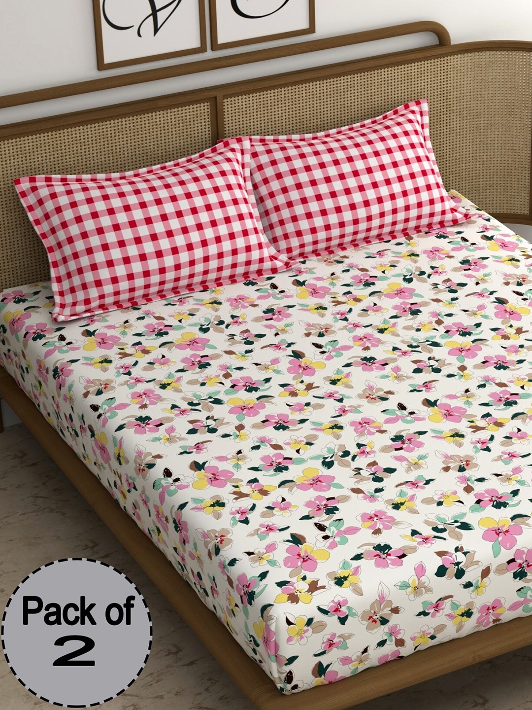 

CHHAVI INDIA Pink & White Floral 210 TC 2 Queen Bedsheet With 4 Pillow Covers