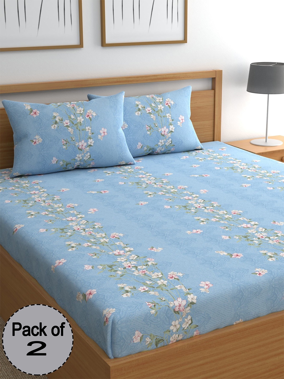 

CHHAVI INDIA Blue & White Floral 210 TC 2 Pieces Queen Bedsheet With 4 Pillow Covers