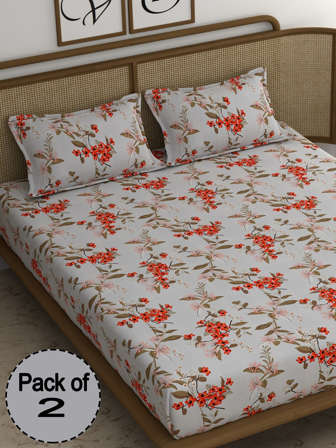 

CHHAVI INDIA Grey & Green Floral 210 TC 2 Pieces Queen Bedsheet With 4 Pillow Covers