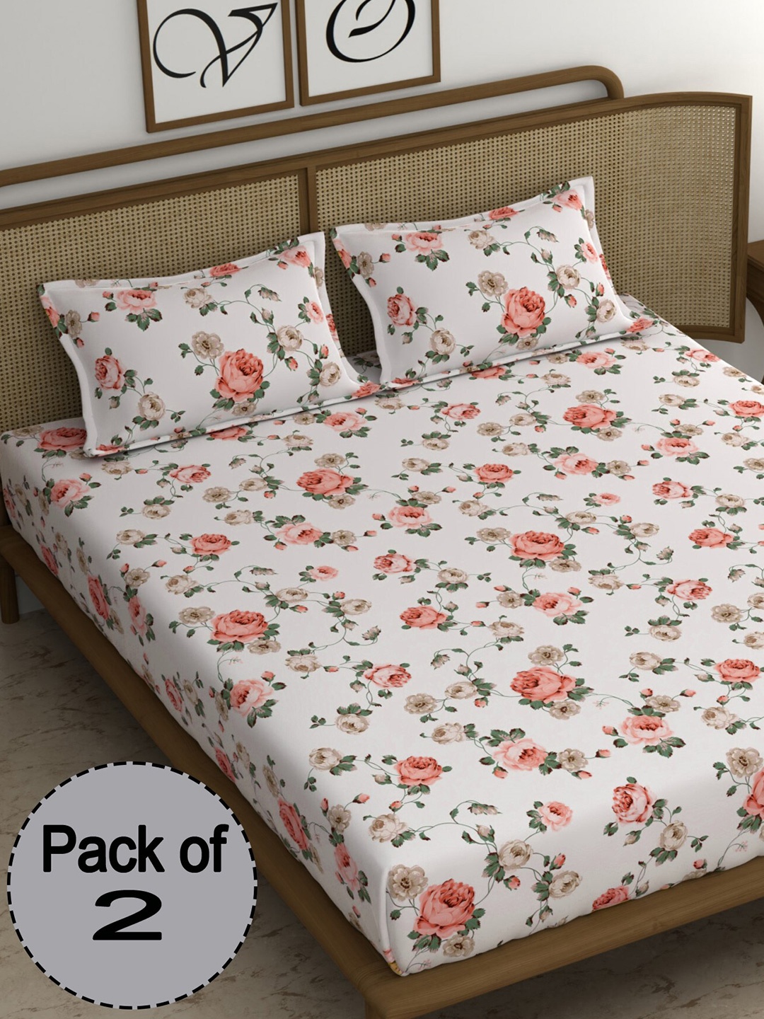 

CHHAVI INDIA White & Green Floral Printed 210 TC 2 Queen Bedsheet & 4 Pillow Covers