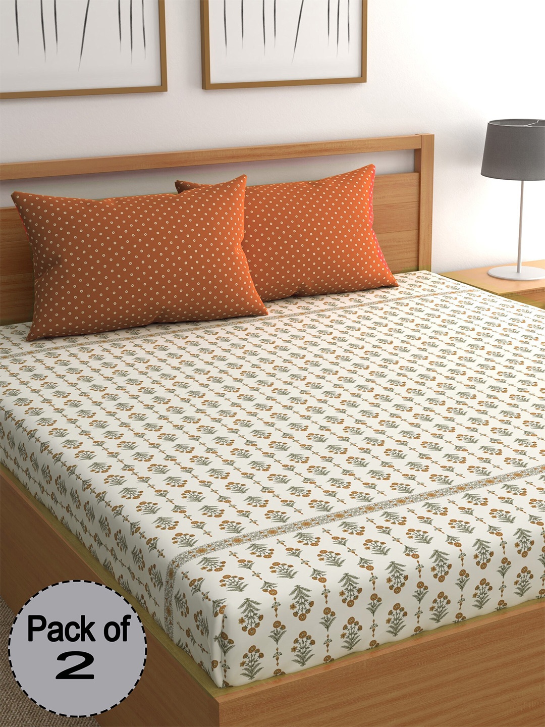 

CHHAVI INDIA White & Orange Printed 210 TC 2 Queen Bedsheet & 4 Pillow Covers