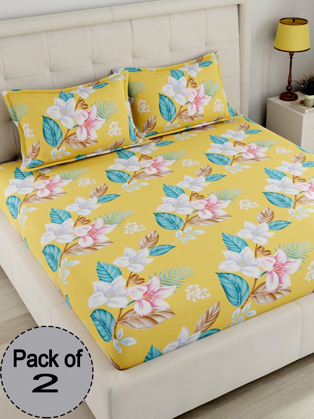

CHHAVI INDIA Yellow & White Floral Printed 210 TC 2 Queen Bedsheet & 4 Pillow Covers