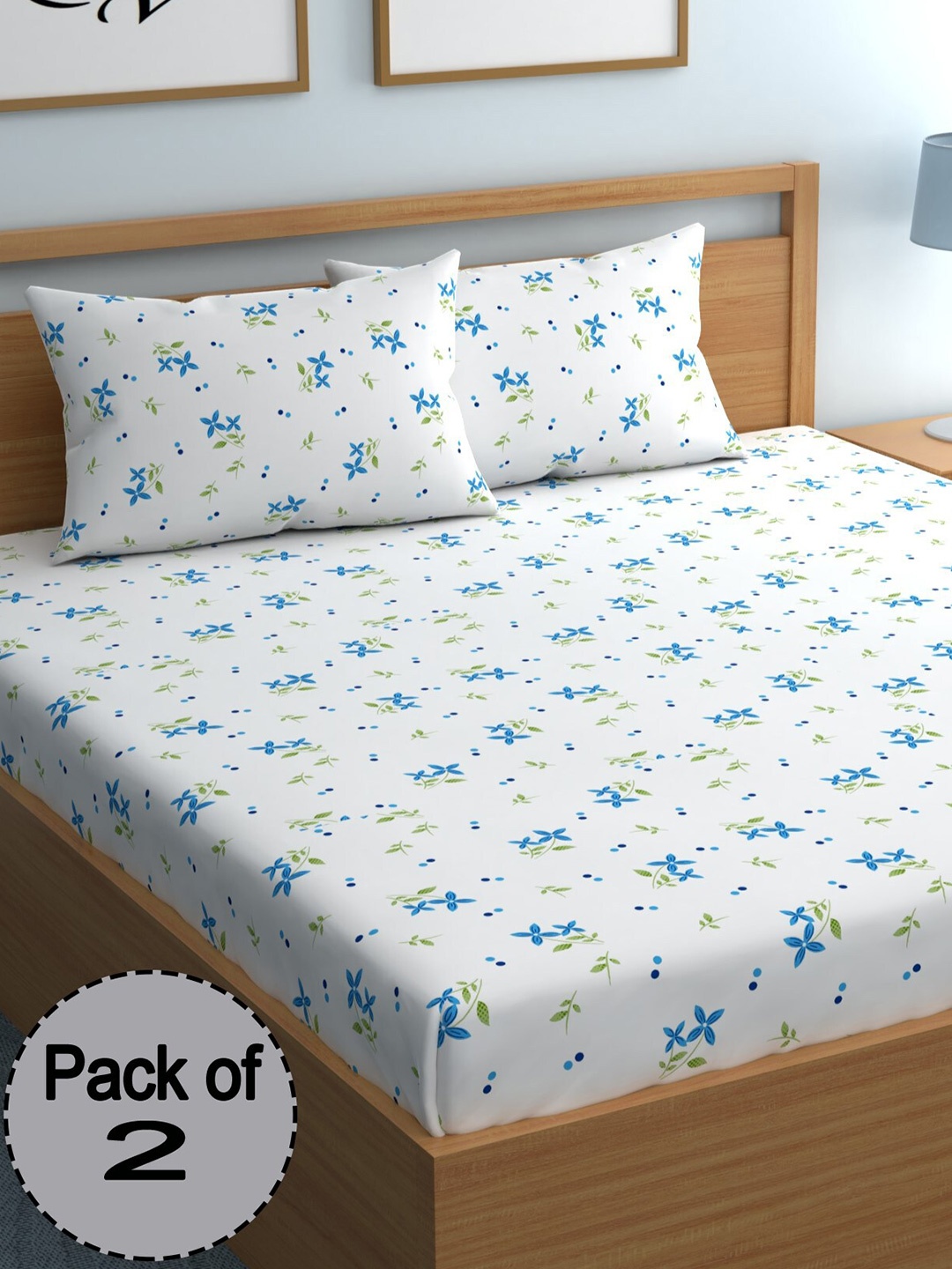 

CHHAVI INDIA White & Blue Floral Printed 210 TC 2 Queen Bedsheet & 4 Pillow Covers