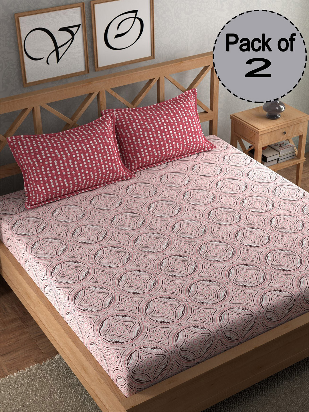 

CHHAVI INDIA Pink & Brown Floral Printed 210 TC 2 Queen Bedsheet & 4 Pillow Covers