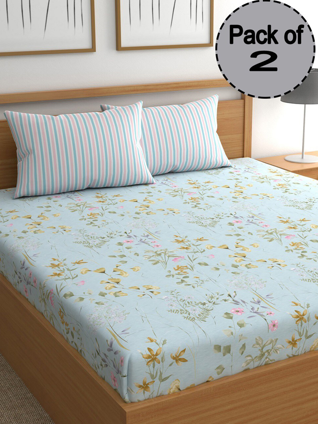 

CHHAVI INDIA Blue & Green Floral Printed 210 TC 2 Queen Bedsheet & 4 Pillow Covers