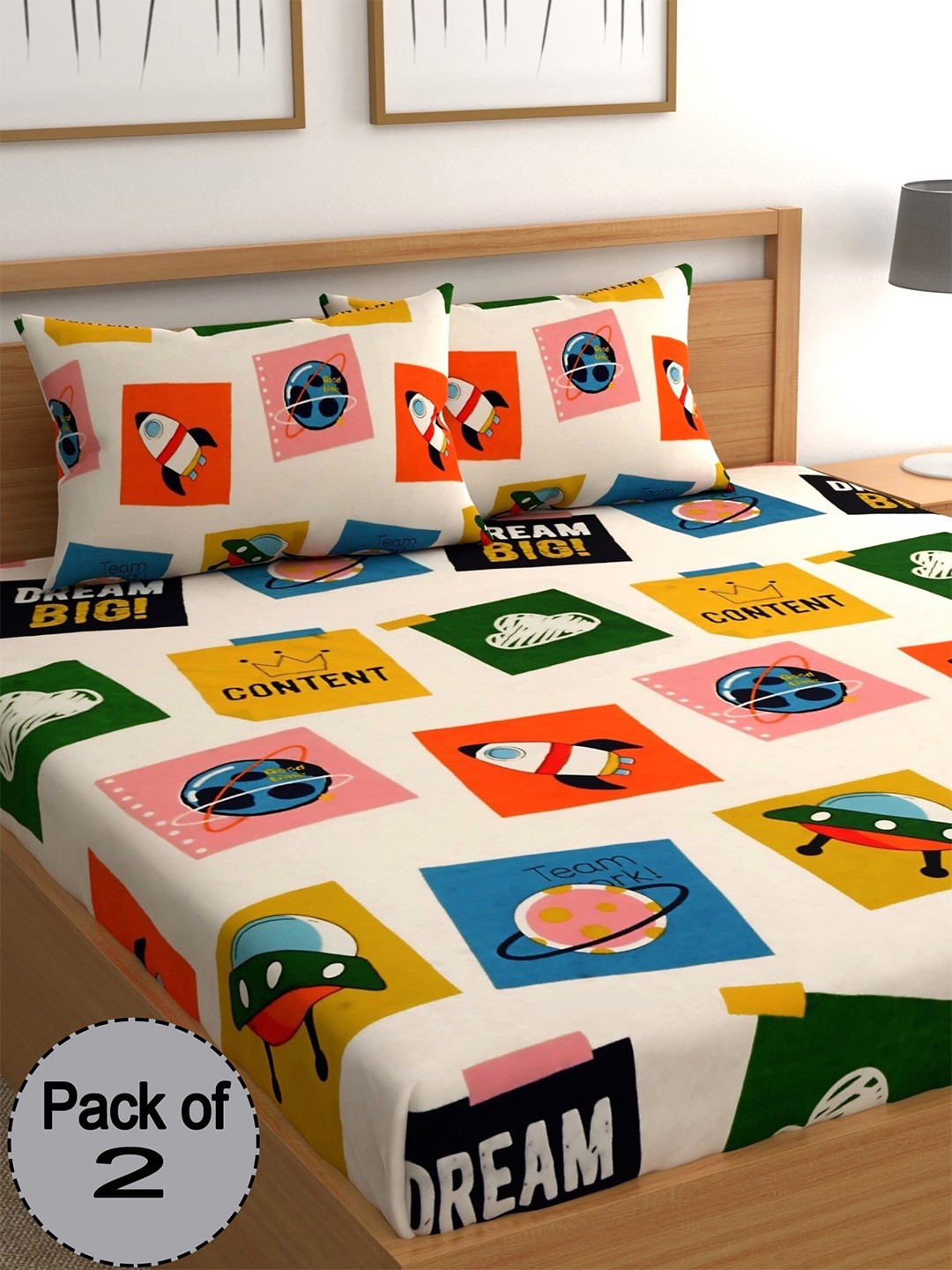 

CHHAVI INDIA Yellow & Orange Printed 210 TC 2 Queen Bedsheet & 4 Pillow Covers